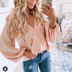 New Vici blue blush Satin balloon  sleeves surplice neckline blouse